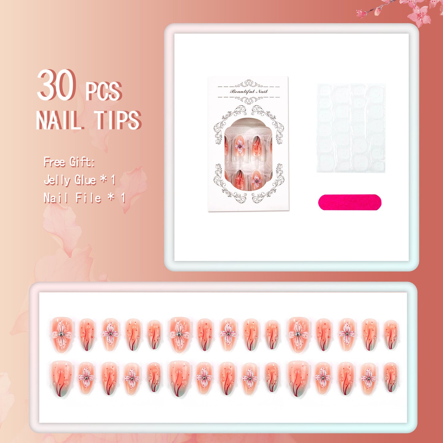 30PCS Trending Sweet 3D Stereo Gradient Press‑on Nails
